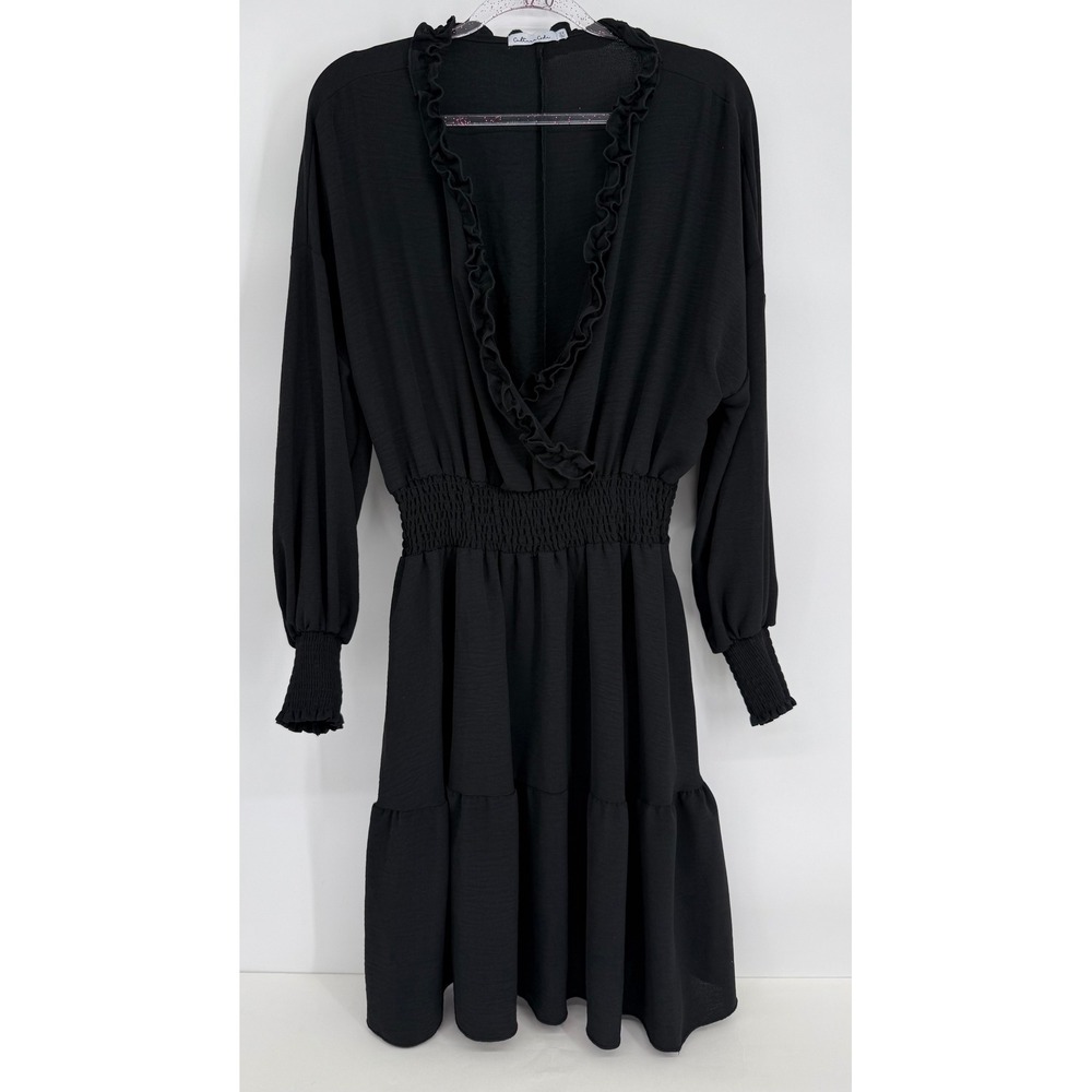 Culture Code Womens Black Ruffle V-Neck‎ Smocked Waist Mini Dress Sz 2X